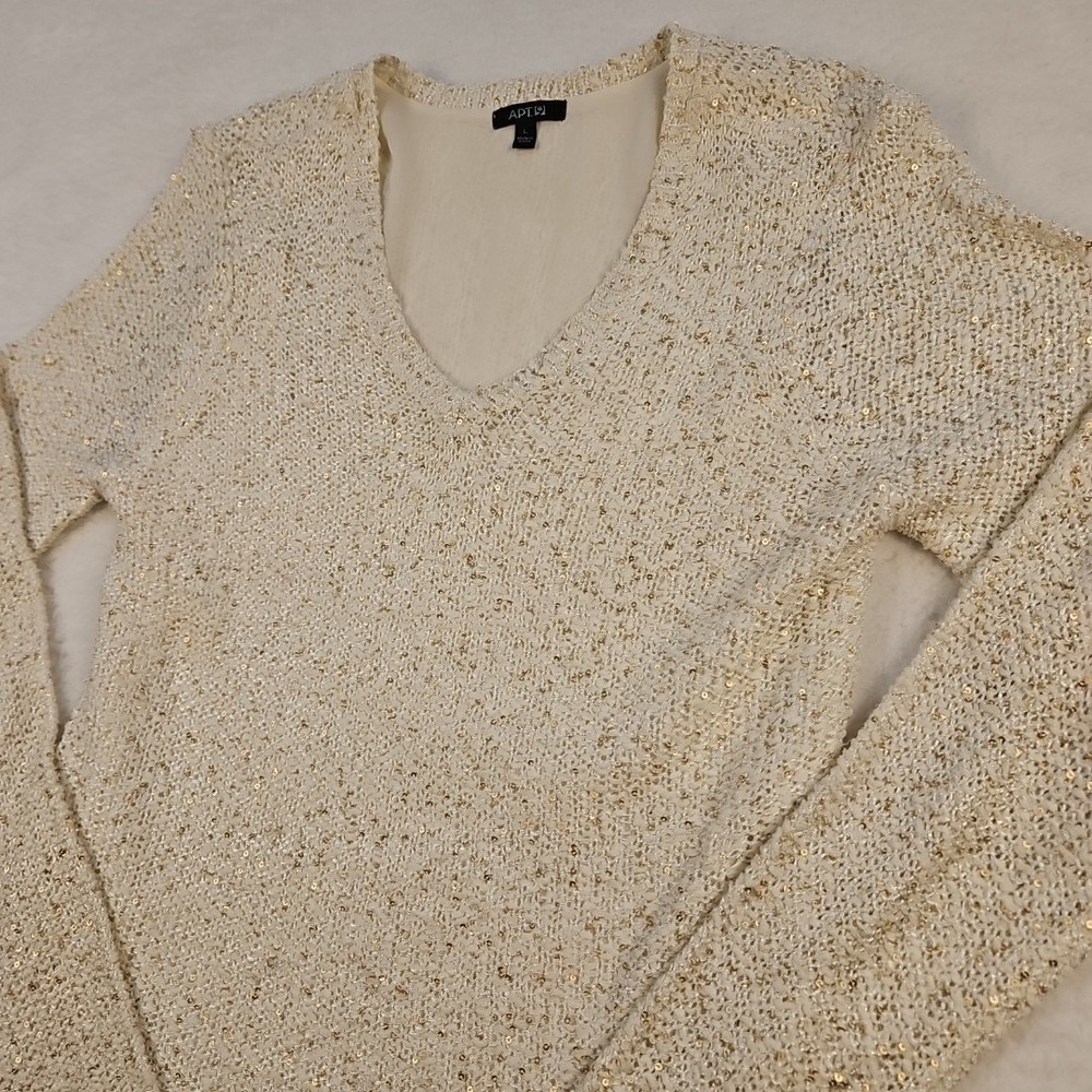 Apt 9 Women's Sz L L/S Sweater Gold & Cream Sequins Loose Knit